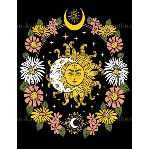 Moon Sun Daisy Celestial Pink Black Gold Art Print 8.5x11 - Picture 2 of 5